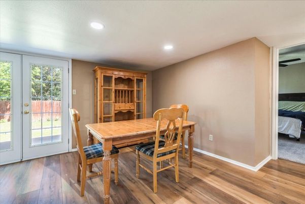 Dining room, Interior, Recessed Lighting, Wood Texture Flooring
