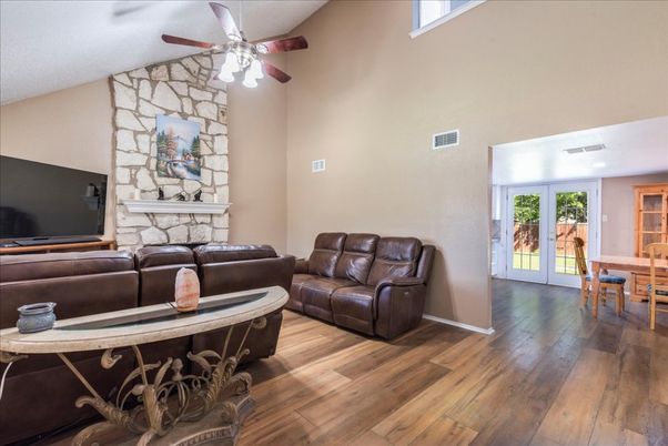 Dining room, Fireplace, Interior, Living room, Stone Walls, Wood Texture Flooring
