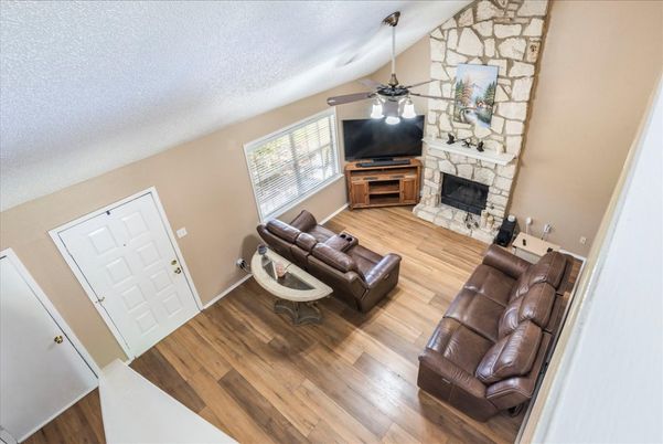 Fireplace, Interior, Living room, Stone Walls, Wood Texture Flooring