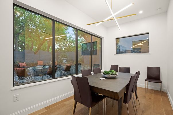 Dining room, Interior, Recessed Lighting, Wood Texture Flooring