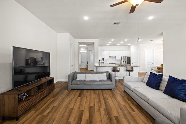 Interior, Kitchen, Living room, Recessed Lighting, Stainless Steel Appliances, Wood Texture Flooring