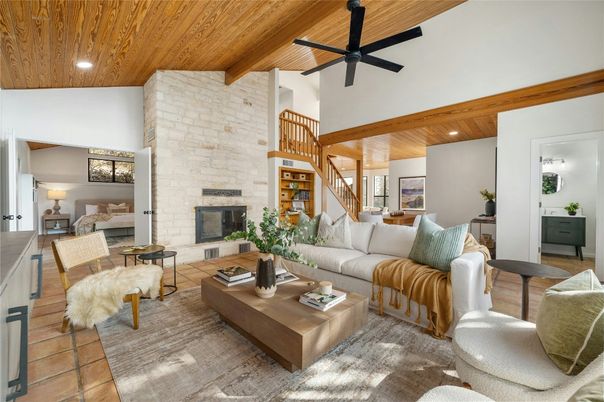 Fireplace, Interior, Living room, Recessed Lighting, Stone Walls, Wooden Beams, Wooden Ceilings