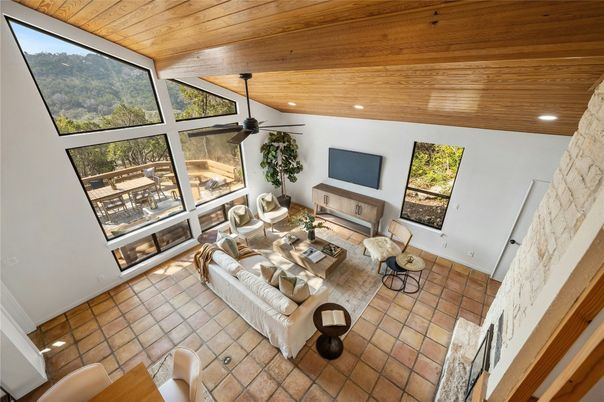 Fireplace, Interior, Living room, Recessed Lighting, Wooden Ceilings