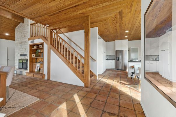 Fireplace, Interior, Kitchen, Recessed Lighting, Stainless Steel Appliances, Wooden Ceilings