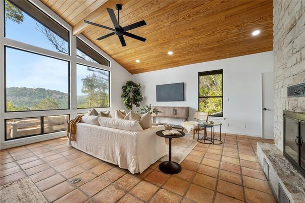 Fireplace, Interior, Living room, Recessed Lighting, Stone Walls, Wooden Ceilings