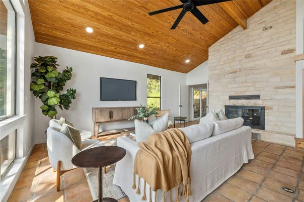 Fireplace, Interior, Living room, Recessed Lighting, Stone Walls, Wooden Beams, Wooden Ceilings