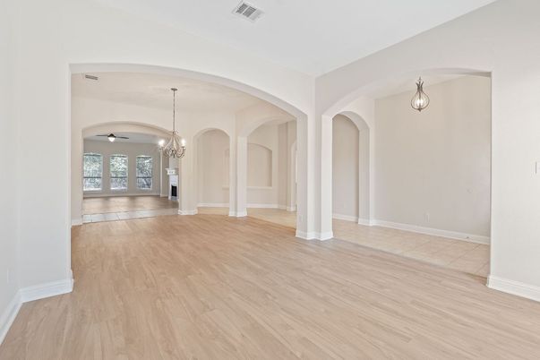 Chandelier, Empty room, Interior, Pendant Lights, Wood Texture Flooring