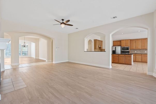 Chandelier, Empty room, Interior, Kitchen, Recessed Lighting, Wood Texture Flooring