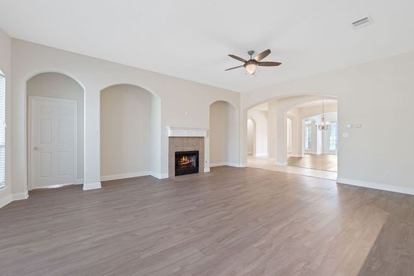 Chandelier, Empty room, Fireplace, Interior, Wood Texture Flooring