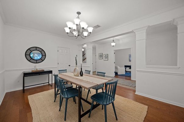 Chandelier, Dining room, Interior, Wood Texture Flooring