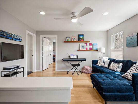 Interior, Living room, Piano, Recessed Lighting, Wood Texture Flooring