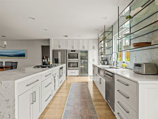 Interior, Kitchen, Recessed Lighting, Stainless Steel Appliances, Wood Texture Flooring