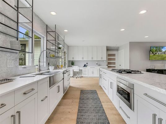 Interior, Kitchen, Recessed Lighting, Stainless Steel Appliances, Wood Texture Flooring