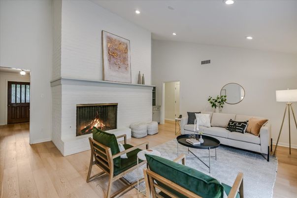 Fireplace, Interior, Living room, Recessed Lighting, Wood Texture Flooring