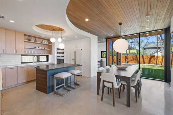 Dining room, Interior, Kitchen, Pendant Lights, Recessed Lighting, Wooden Ceilings