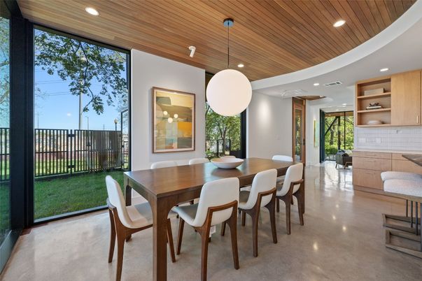 Dining room, Interior, Pendant Lights, Recessed Lighting, Wooden Ceilings