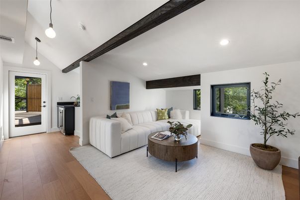 Interior, Living room, Pendant Lights, Recessed Lighting, Wooden Beams, Wood Texture Flooring