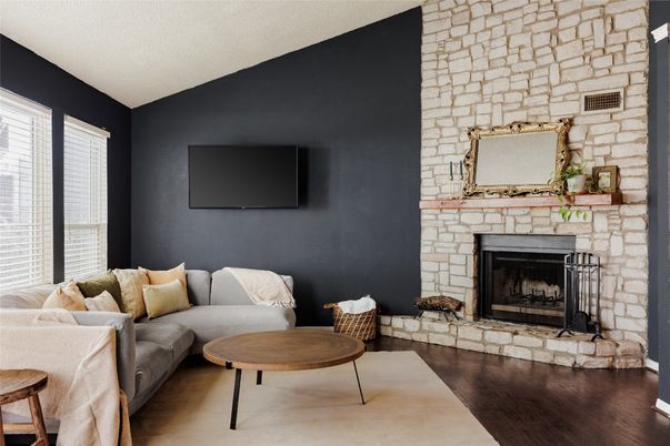 Fireplace, Interior, Living room, Stone Walls, Wood Texture Flooring