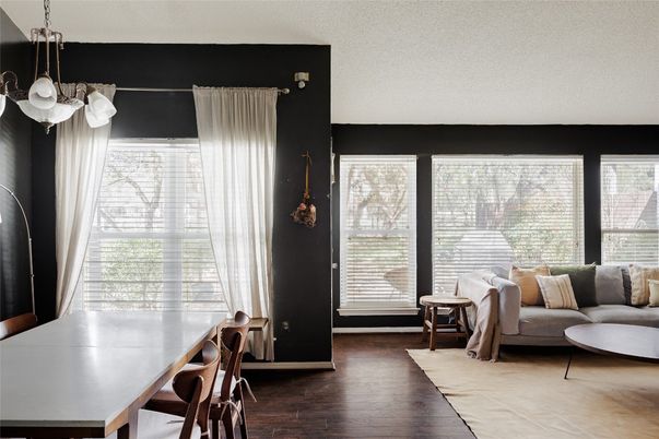 Dining room, Interior, Pendant Lights, Wood Texture Flooring