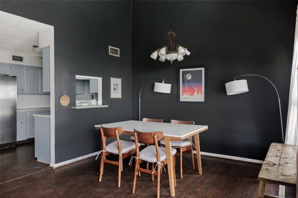 Dining room, Interior, Pendant Lights, Wood Texture Flooring