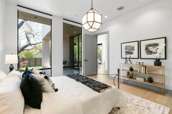 Bedroom, Interior, Pendant Lights, Recessed Lighting, Wood Texture Flooring