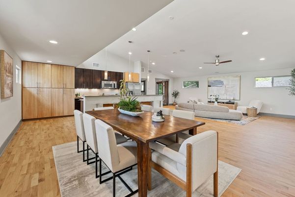 Dining room, Interior, Kitchen, Living room, Pendant Lights, Recessed Lighting, Stainless Steel Appliances, Wood Texture Flooring