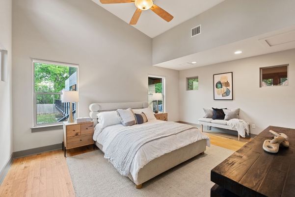 Bedroom, Interior, Recessed Lighting, Wood Texture Flooring