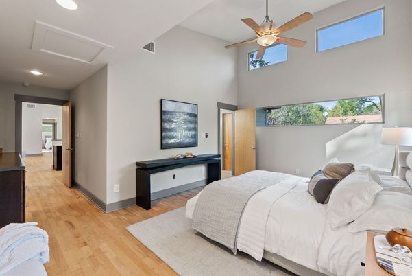 Bedroom, Interior, Recessed Lighting, Wood Texture Flooring