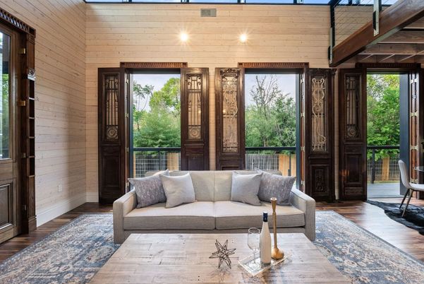 Interior, Living room, Recessed Lighting, Wooden Ceilings, Wood Texture Flooring, Wooden Walls