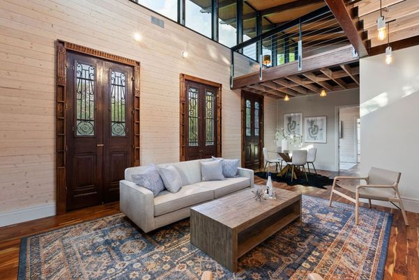 Dining room, Interior, Living room, Pendant Lights, Wooden Beams, Wood Texture Flooring, Wooden Walls