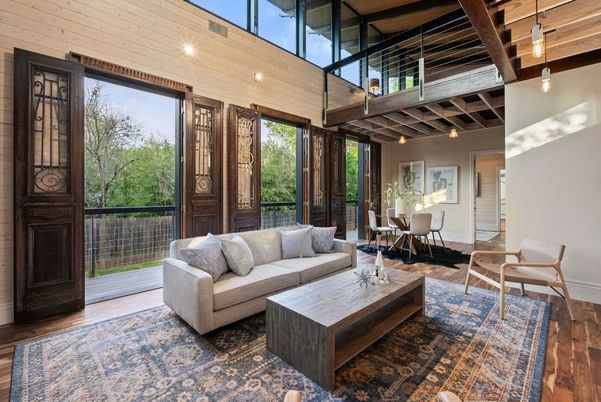 Dining room, Interior, Living room, Pendant Lights, Wooden Beams, Wooden Ceilings, Wood Texture Flooring, Wooden Walls
