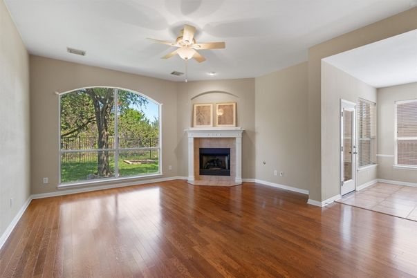 Empty room, Fireplace, Interior, Recessed Lighting, Wood Texture Flooring