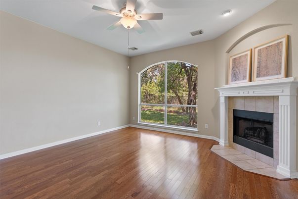 Empty room, Fireplace, Interior, Recessed Lighting, Wood Texture Flooring
