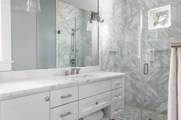 Bathroom, Glass Shower, Interior, Marble Walls