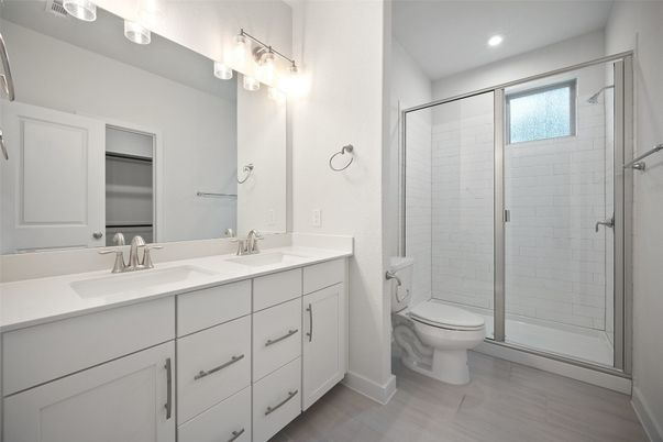 Bathroom, Dual Sink Vanities, Glass Shower, Interior, Recessed Lighting