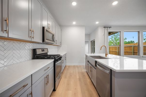 Interior, Kitchen, Recessed Lighting, Stainless Steel Appliances, Wood Texture Flooring