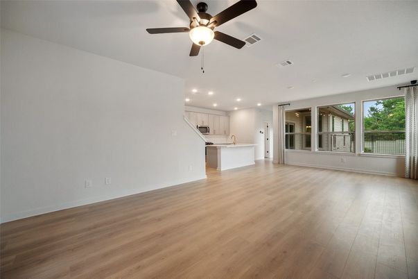 Empty room, Interior, Kitchen, Recessed Lighting, Wood Texture Flooring