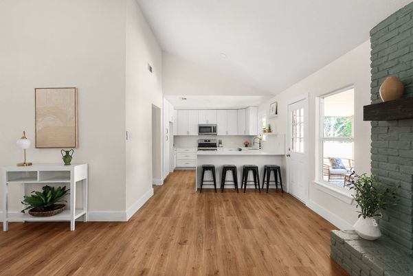 Interior, Kitchen, Stainless Steel Appliances, Stone Walls, Wood Texture Flooring