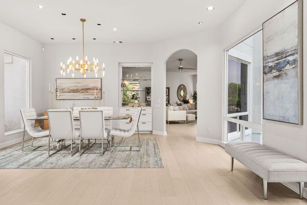 Dining room, Interior, Pendant Lights, Recessed Lighting, Wood Texture Flooring