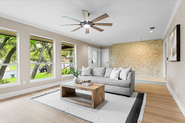 Interior, Living room, Recessed Lighting, Stone Walls, Wood Texture Flooring