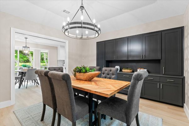 Dining room, Interior, Pendant Lights, Wood Texture Flooring