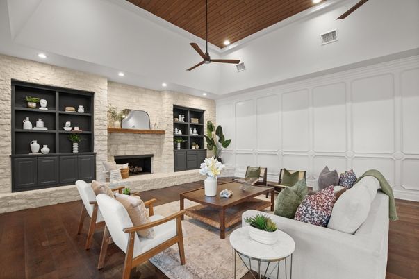 Fireplace, Interior, Living room, Recessed Lighting, Stone Walls, Wooden Ceilings, Wood Texture Flooring