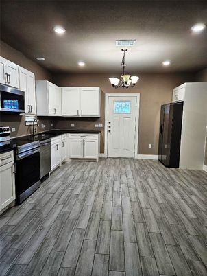 Chandelier, Interior, Kitchen, Recessed Lighting, Wood Texture Flooring