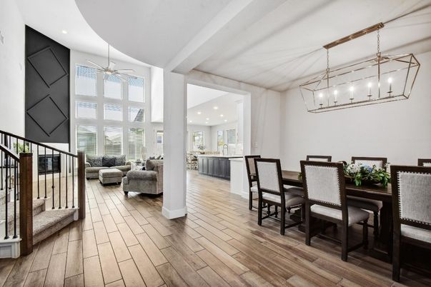 Dining room, Interior, Pendant Lights, Recessed Lighting, Wood Texture Flooring
