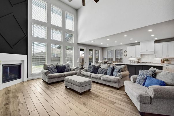 Fireplace, Interior, Kitchen, Living room, Recessed Lighting, Wood Texture Flooring