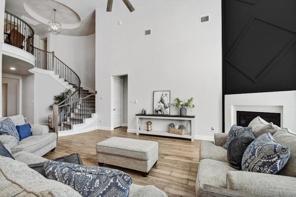 Fireplace, Interior, Living room, Pendant Lights, Wood Texture Flooring