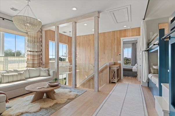 Interior, Living room, Pendant Lights, Recessed Lighting, Wood Texture Flooring, Wooden Walls