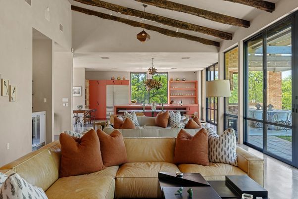 Chandelier, Dining room, Interior, Living room, Pendant Lights, Recessed Lighting, Wooden Beams