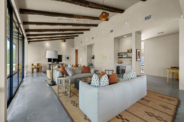 Interior, Living room, Recessed Lighting, Wooden Beams