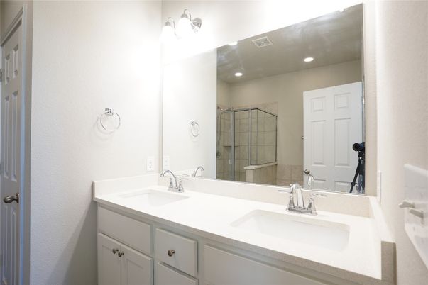 Bathroom, Dual Sink Vanities, Glass Shower, Interior, Recessed Lighting